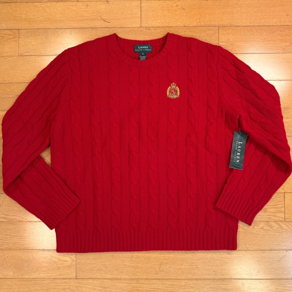 NWT Ralph Lauren XL Red Lambswool Cable Knit Crest Sweater Chamonix